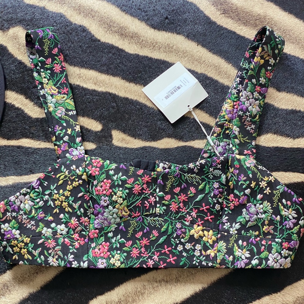 Tibi Floral Brocade Crop Top in Black with Multicolor Floral - Picture 2 of 6